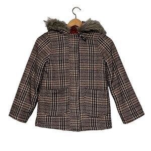 Girls Coat Size 10 Plaid Wool Blend Faux Fur Hood Full Zip Jessica Simpson
